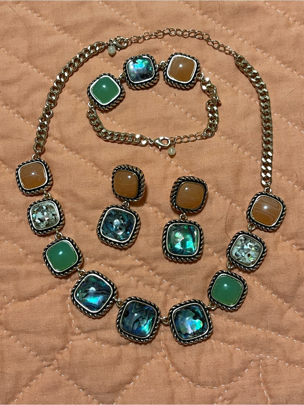 AVON Gold-Tone Multi-Stone Statement Necklace & Earring Set - Peach, Green, Blue